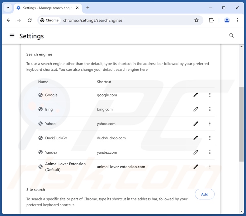 Removing animal-lover-extension.com from Google Chrome default search engine