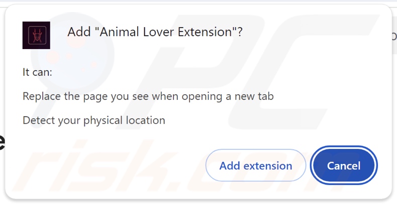 Animal Lover Extension browser hijacker asking for permissions