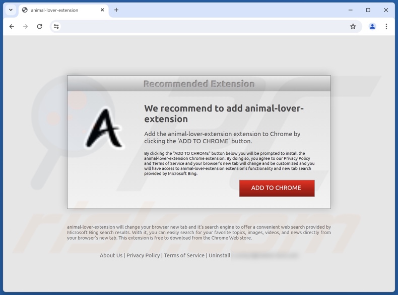 Website used to promote Animal Lover Extension browser hijacker