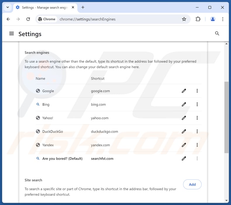 Removing searchfst.com from Google Chrome default search engine