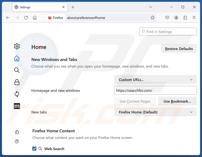 Removing searchfst.com from Mozilla Firefox homepage
