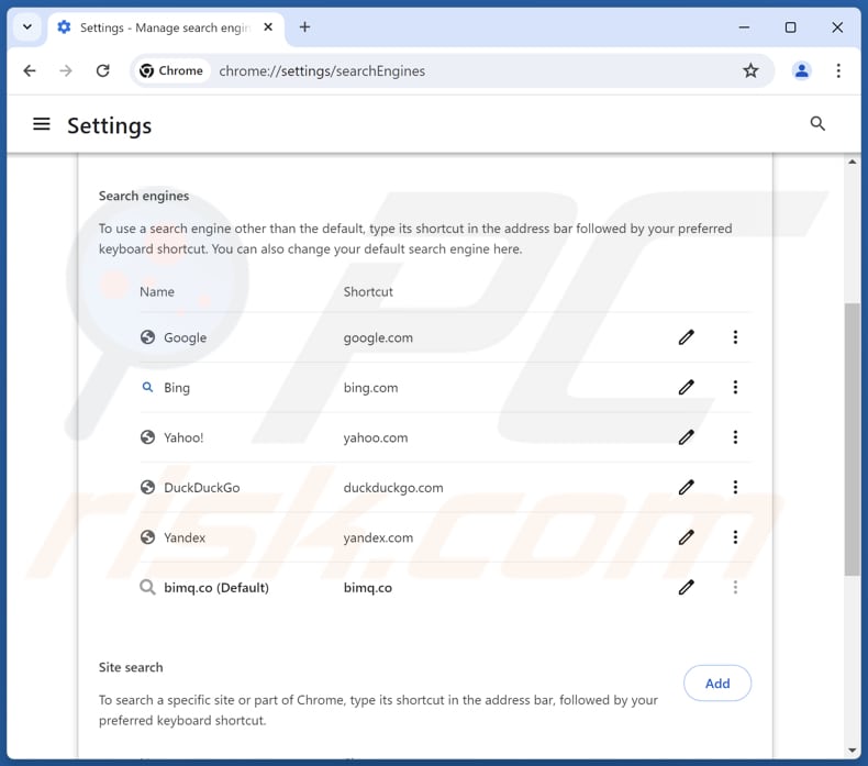 Removing bimq.co from Google Chrome default search engine