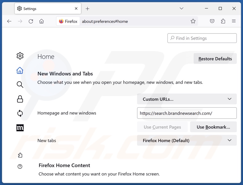 Removing brandnewsearch.com from Mozilla Firefox homepage
