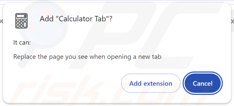 Calculator Tab browser hijacker asking for permissions