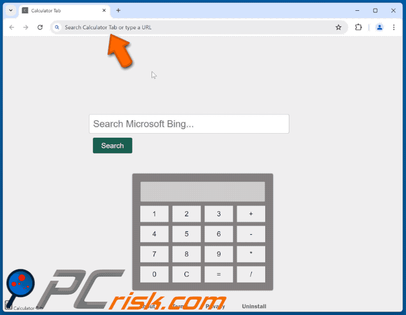 Calculator Tab browser hijacker redirecting to Bing (GIF)