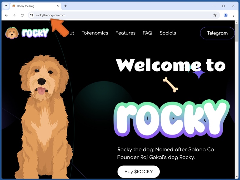 Appearance of the real Rocky token website (rockythedogcoin.com)