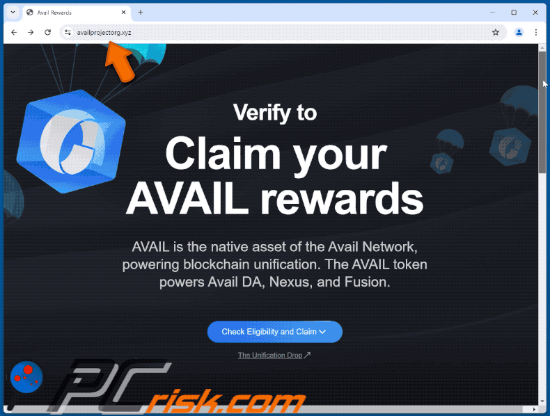 Appearance of Claim Your AVAIL Rewards scam (GIF)
