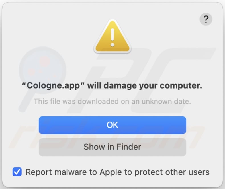 Pop-up displayed when Cologne.app adware is detected on the system
