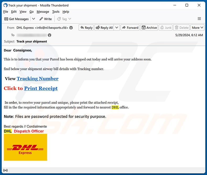 DHL - A Parcel Was Sent To You email scam (2024-05-31)