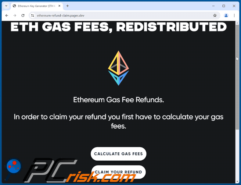 Appearance of Ethereum Gas Fee Refunds scam (GIF)