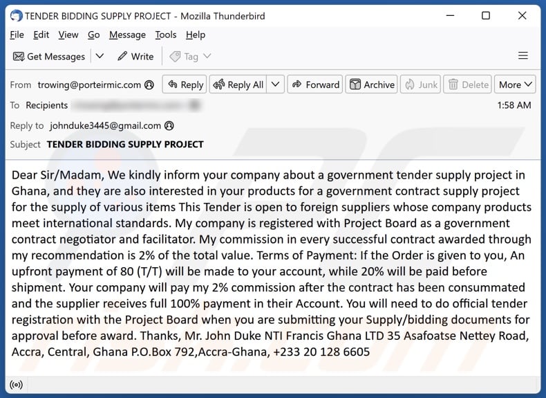 Government Tender Supply Project In Ghana email spam campaign