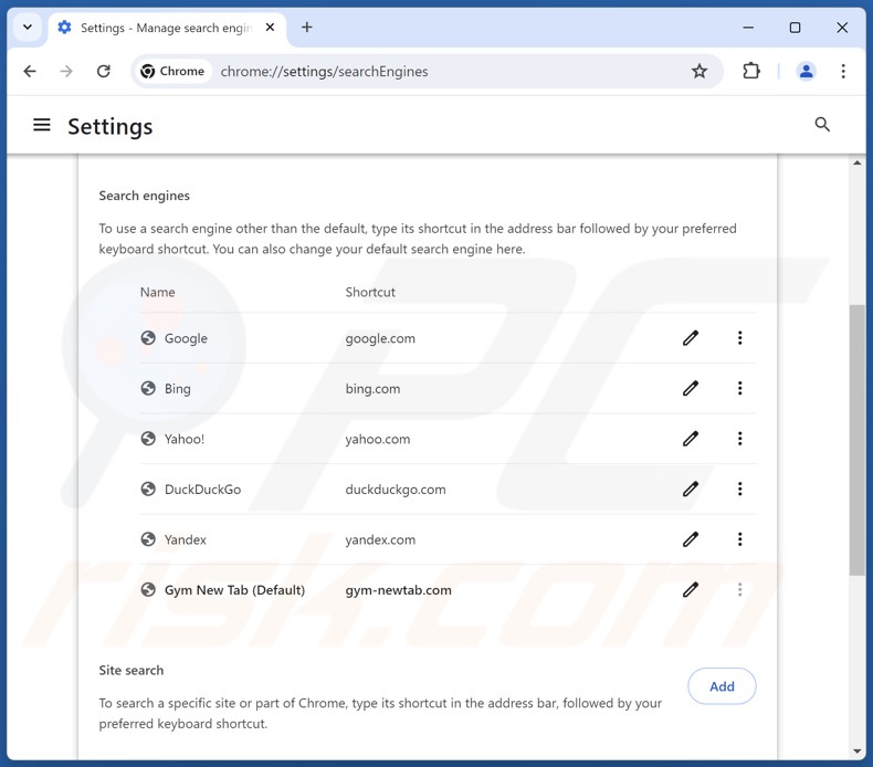 Removing gym-newtab.com from Google Chrome default search engine