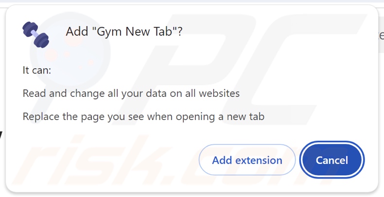 Gym New Tab browser hijacker asking for permissions