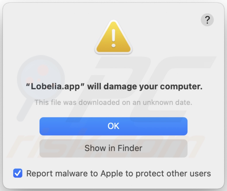 Pop-up displayed when Lobelia adware is detected on the system