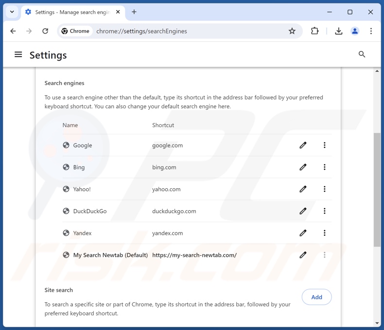 Removing my-search-newtab.com from Google Chrome default search engine