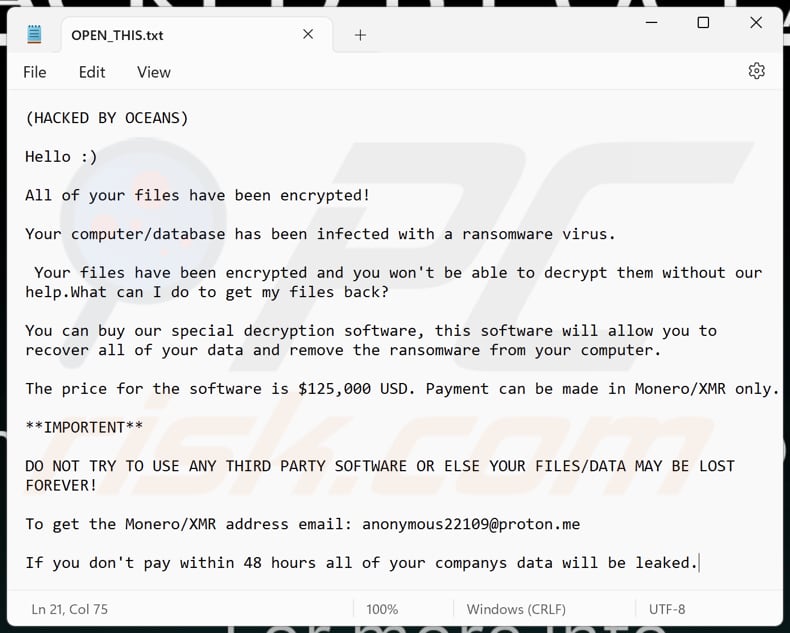 OCEANS ransomware text file (OPEN_THIS.txt)