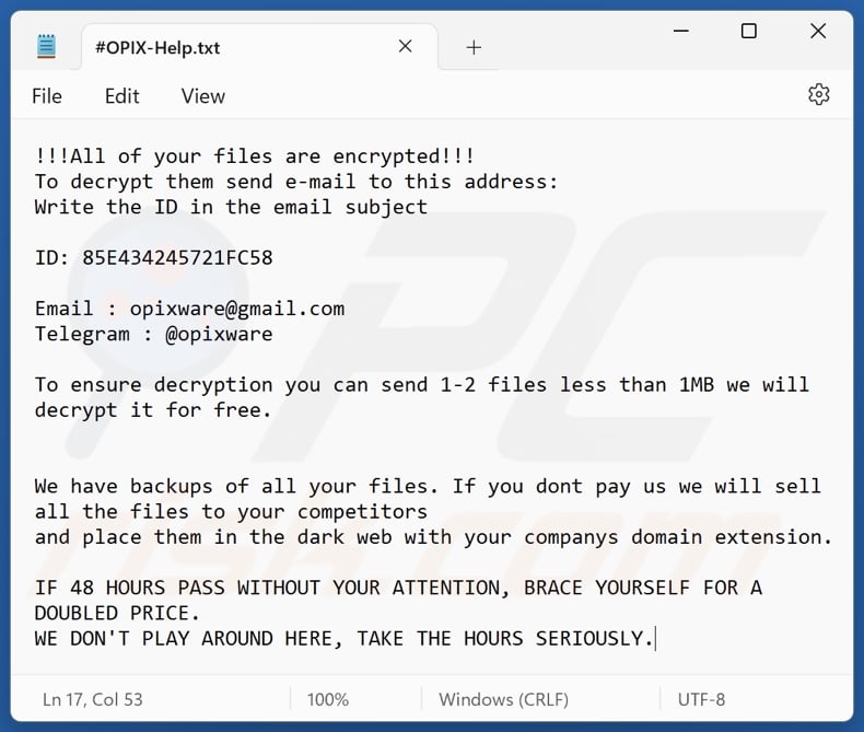 OPIX ransomware ransom note (#OPIX-Help.txt)