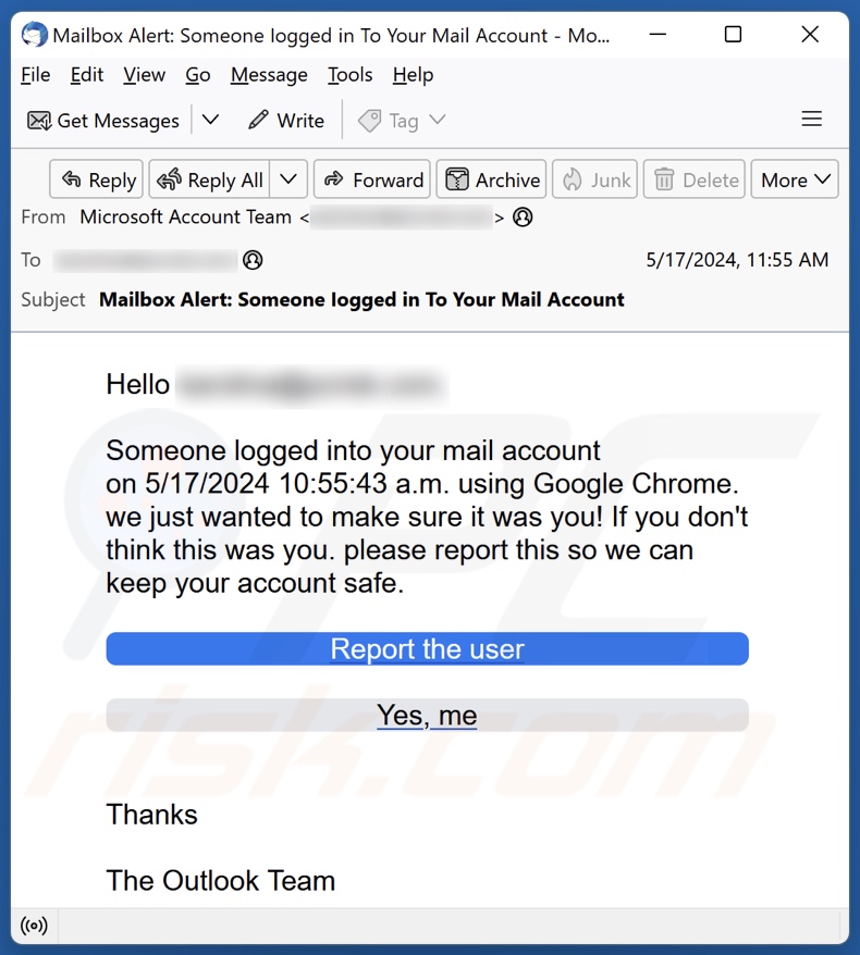 Outlook - Someone Logged Into Your Mail Account email spam campaign