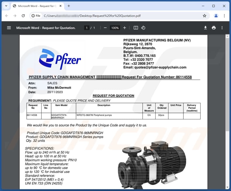 Pfizer Supply Email Scam phishing PDF fifth variant