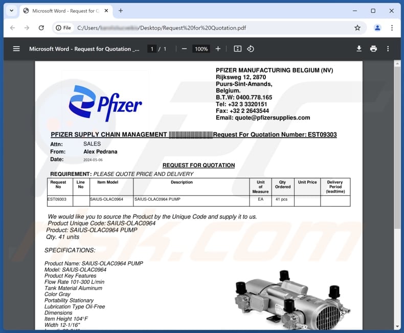 Pfizer Supply Email phishing PDF third variant