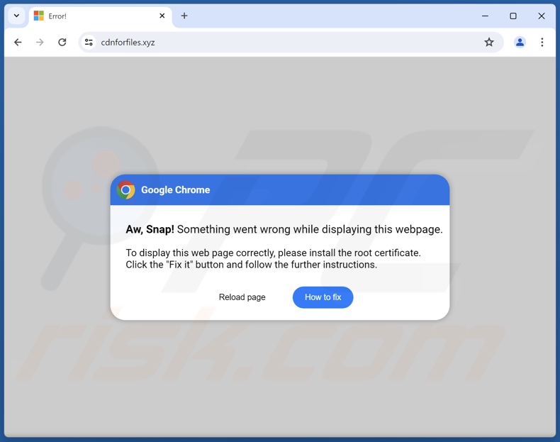 Initial pop-up displayed by Please Install The Root Certificate scam
