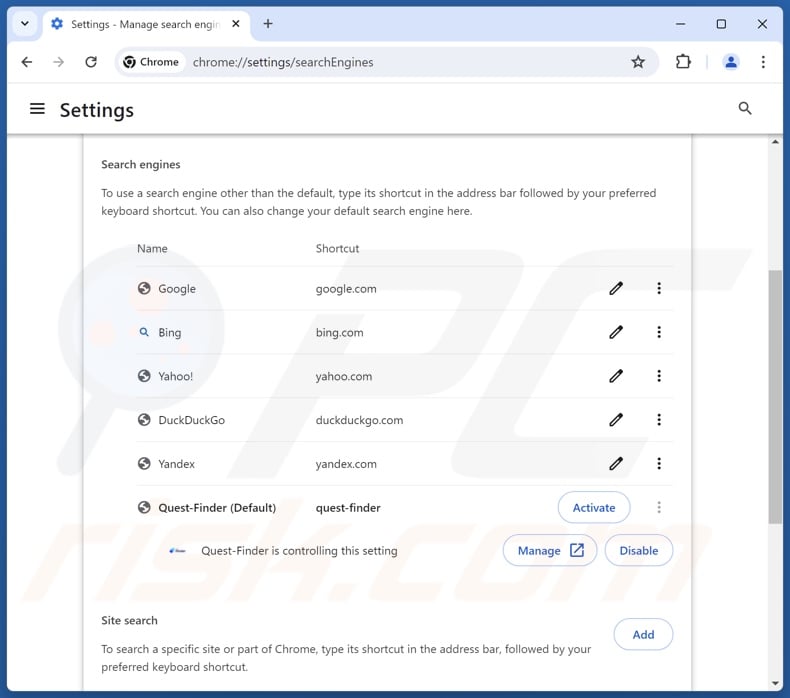 Removing quest-finder.com from Google Chrome default search engine