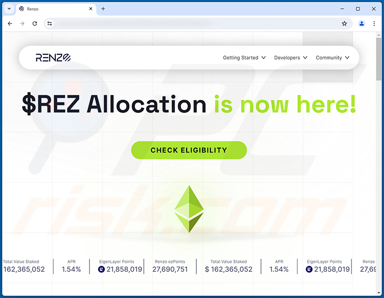 Renzo ($REZ) Token Allocation-themed drainer website
