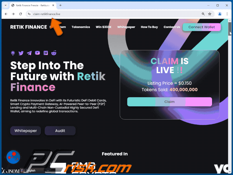 Appearance of Retik Finance Giveaway scam (GIF)