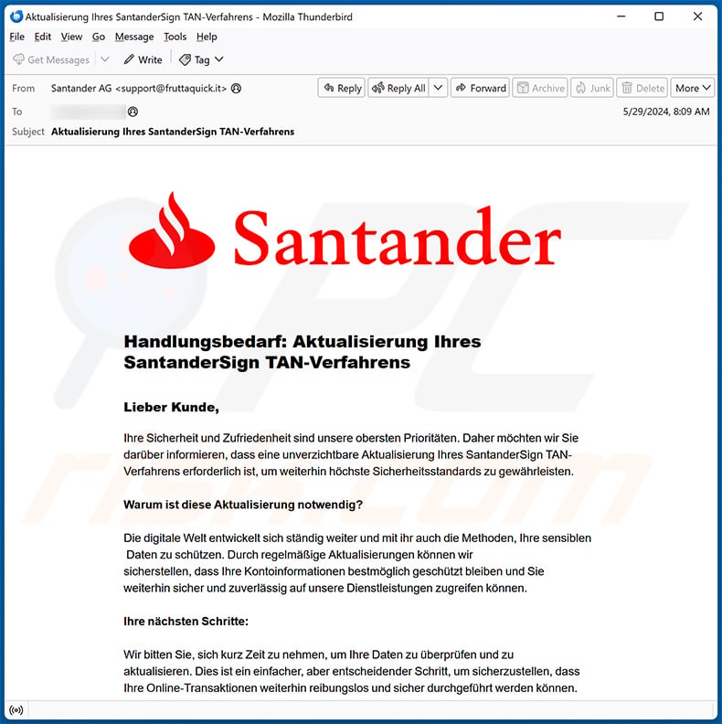 Santander bank phishing spam email