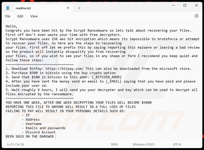 Scrypt ransomware ransom note (readme.txt)