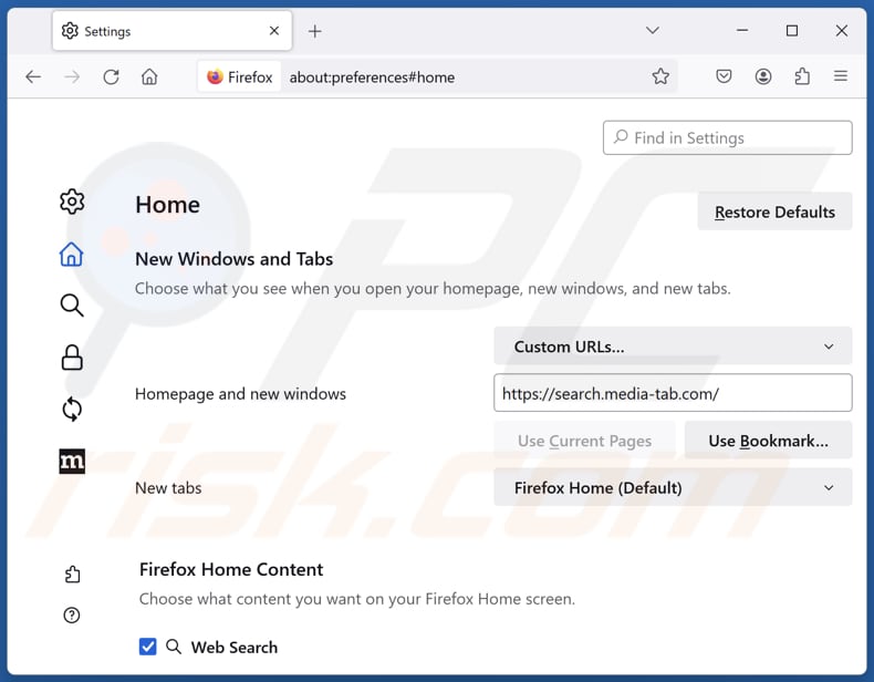 Removing search.media-tab.com from Mozilla Firefox homepage