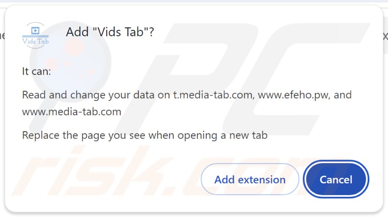 Vids Tab browser hijacker asking for permissions