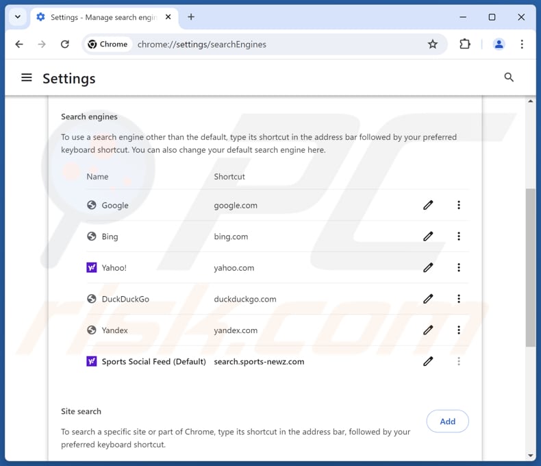 Removing search.sports-newz.com from Google Chrome default search engine