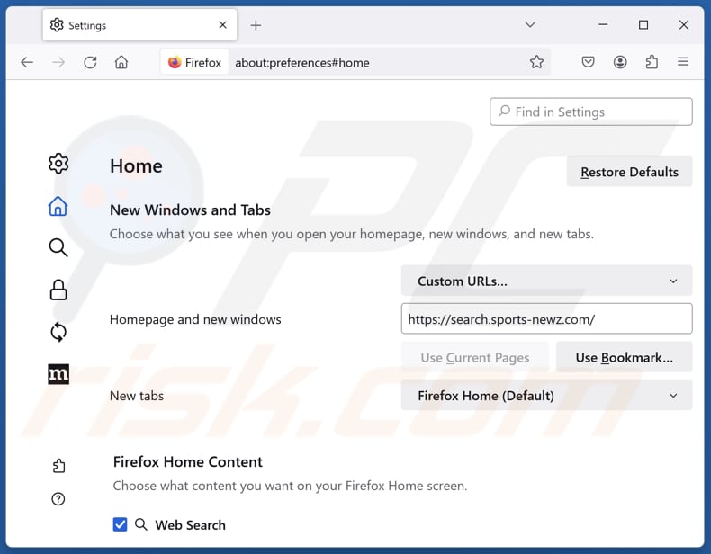 Removing search.sports-newz.com from Mozilla Firefox homepage