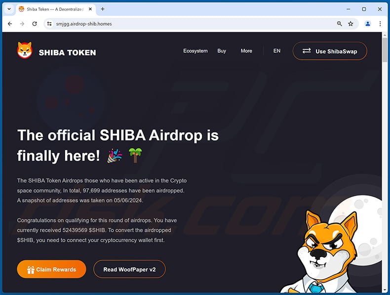 Shiba Inu Tokens airdrop-themed drainer website (airdrop-shib[.]homes)