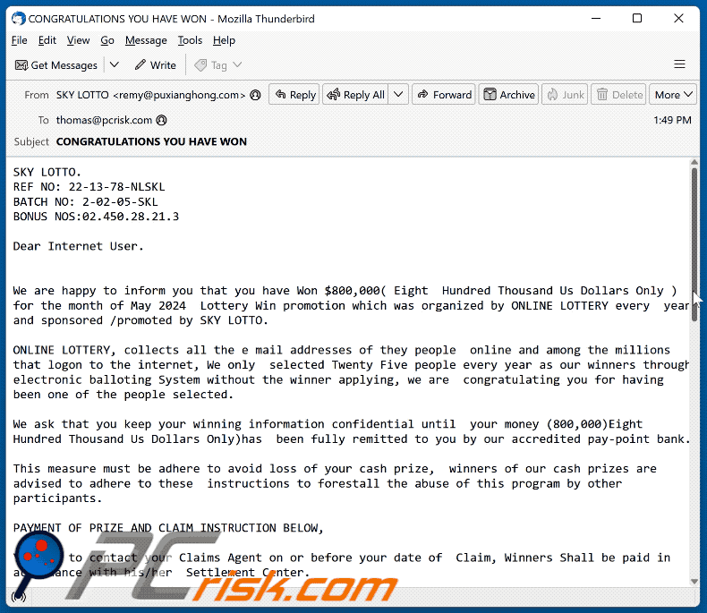 SKY LOTTO scam email appearance (GIF)