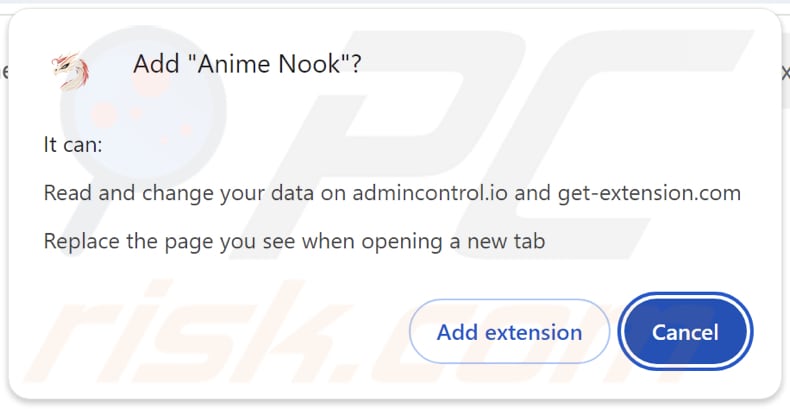 Anime Nook browser hijacker asking for permissions