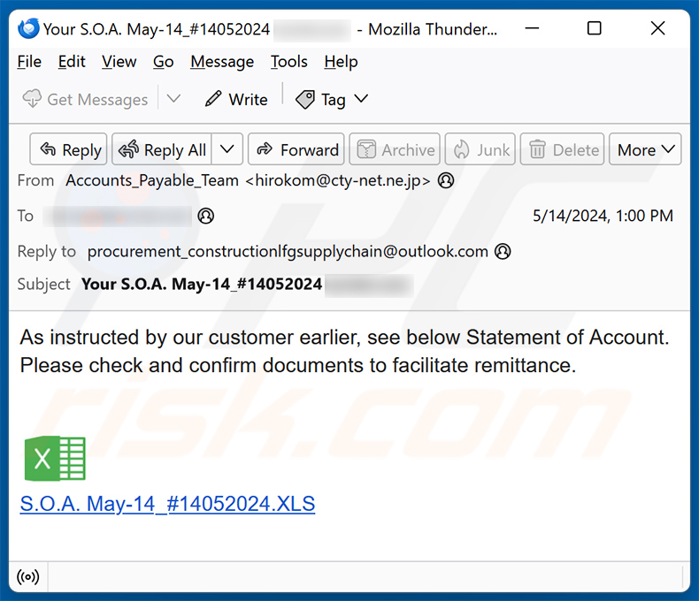 Statement Of Account (SOA) scam email promoting a phishing site (2024-05-15)