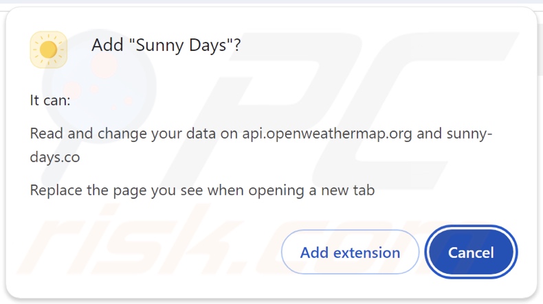 Sunny Days browser hijacker asking for permissions