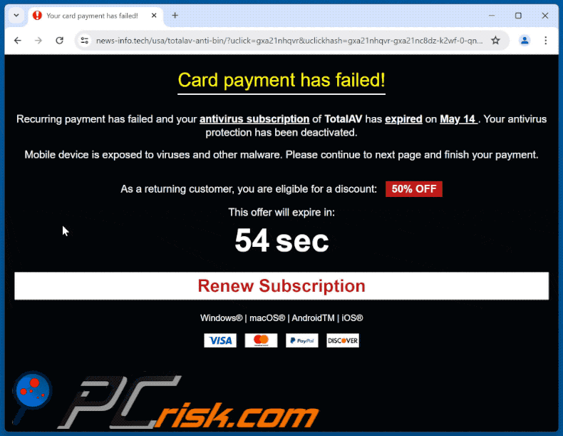 Appearance of TotalAV - Card Payment Has Failed! scam