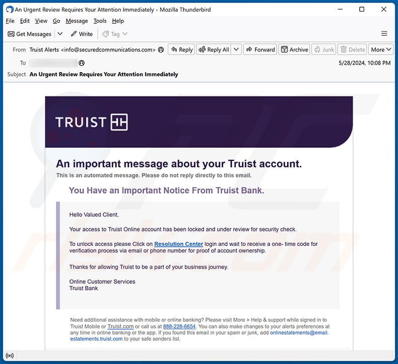 TRUIST bank-themed spam email promoting a phishing site (2024-05-30)