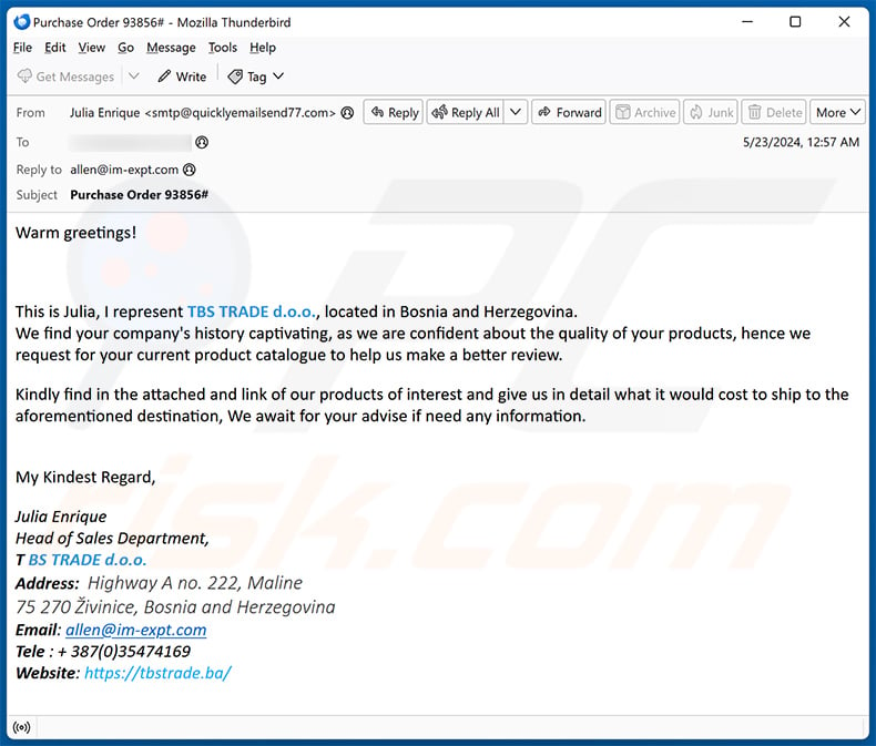 We Are Interested In Your Company Products email scam (2024-05-24)