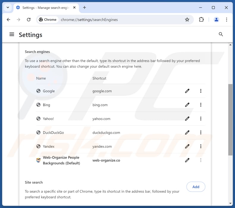 Removing web-organize.co from Google Chrome default search engine