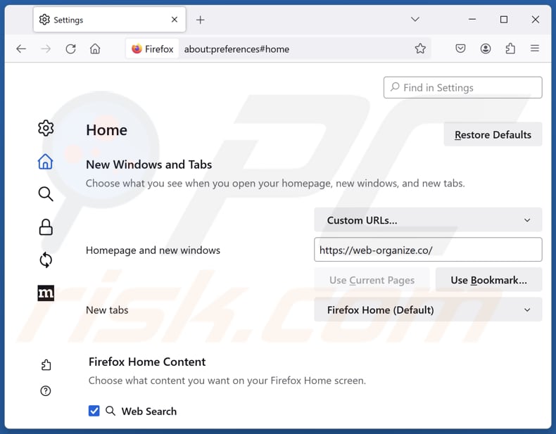 Removing web-organize.co from Mozilla Firefox homepage