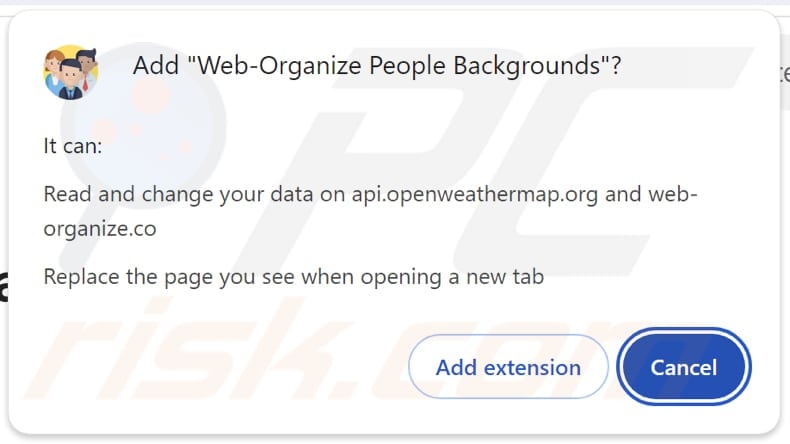 Web-Organize People Backgrounds browser hijacker asking for permissions