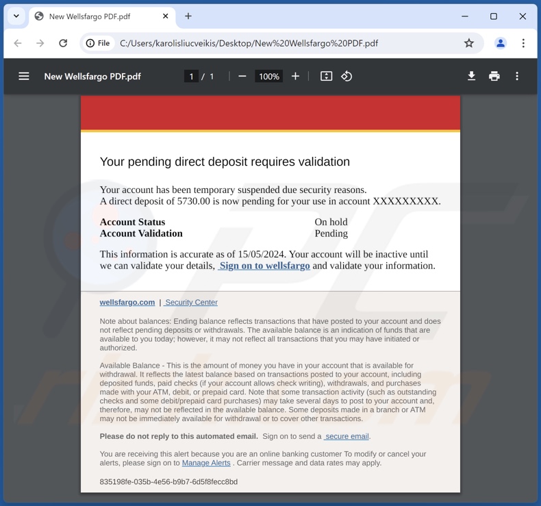 Wells Fargo - Direct Deposit scam email promoted file (New Wellsfargo PDF.pdf)