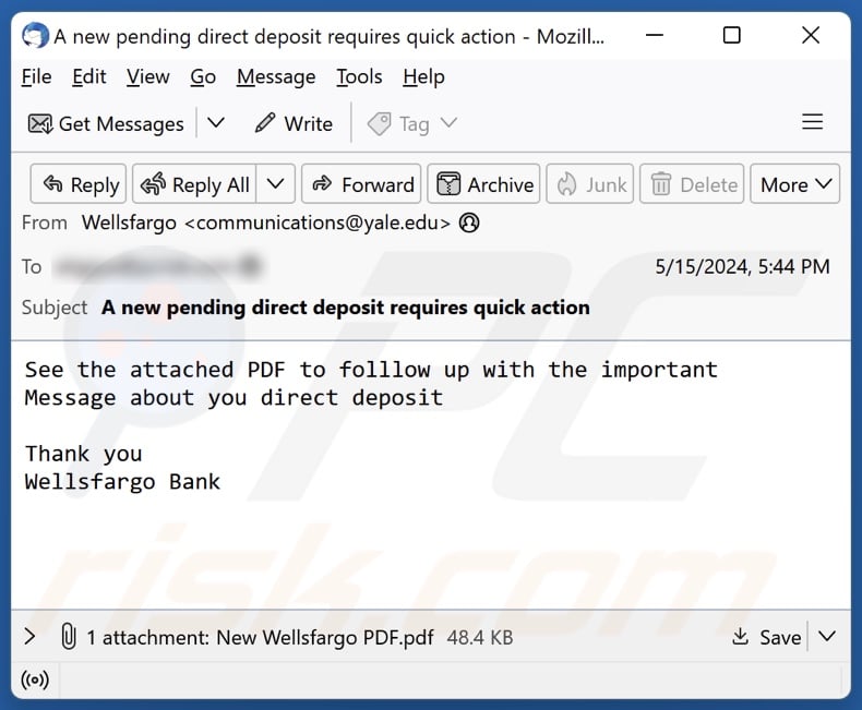 Wells Fargo - Direct Deposit email spam campaign