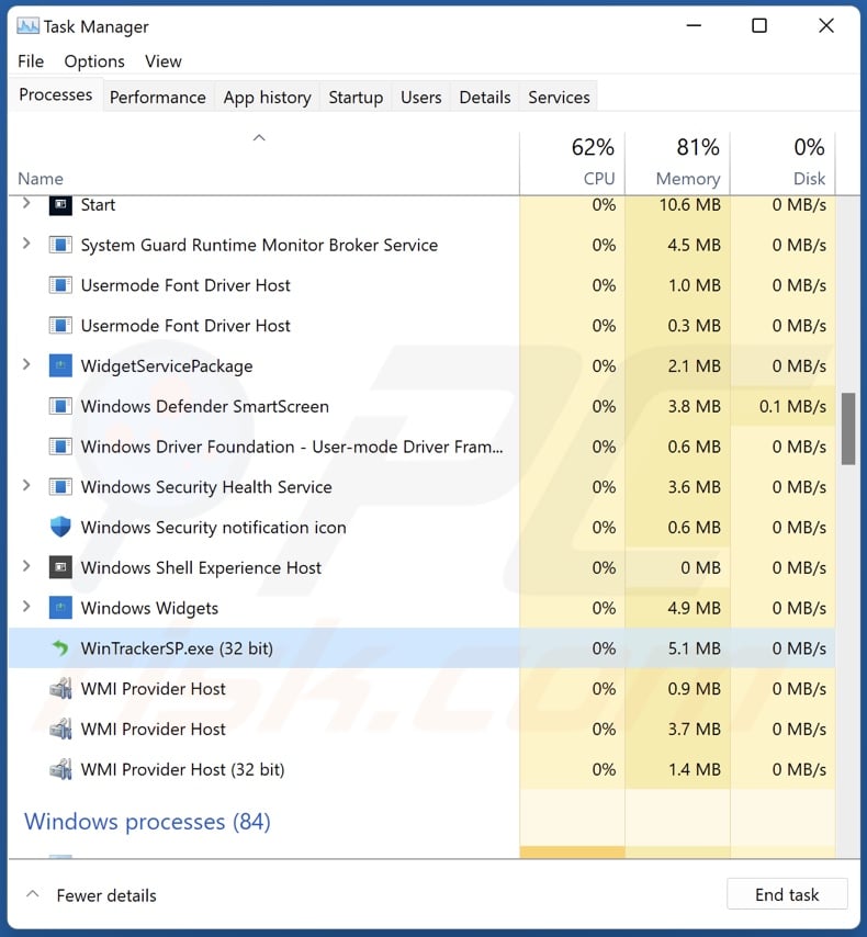 WinTrackerSP PUA process on Task Manager (WinTrackerSP.exe - process name)