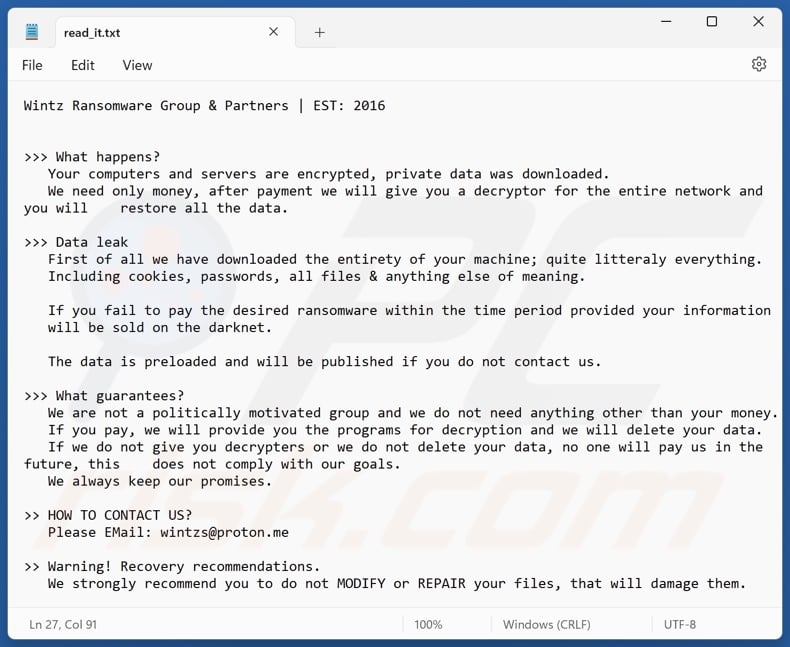 Wintz ransomware ransom note (read_it.txt)
