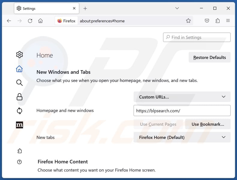 Removing blpsearch.com from Mozilla Firefox homepage